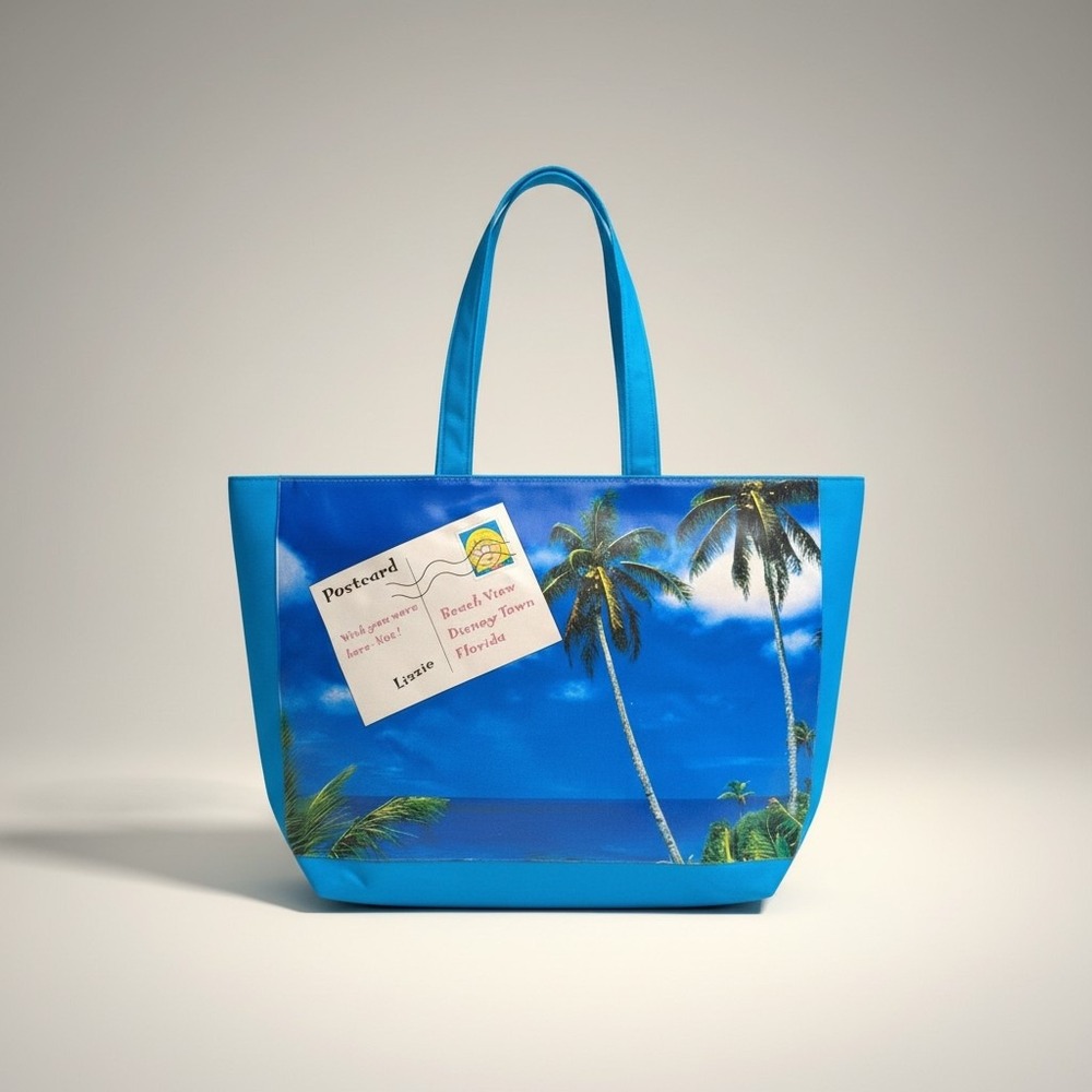 Lizzie McGuire Disney Y2K Postcard Beach Tote Bag Blue Tropical Palm Trees 15in